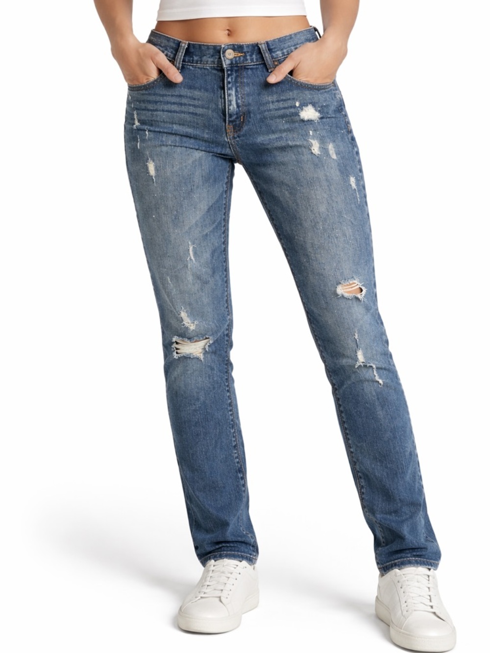 “New York & Company Distressed Skinny Jeans Medium Wash Y2K Grunge Raw Hem”